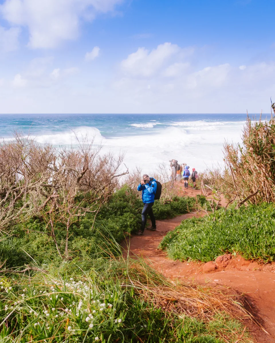 A scenic coastal hike with a hiker enjoying ocean views on a clear day.